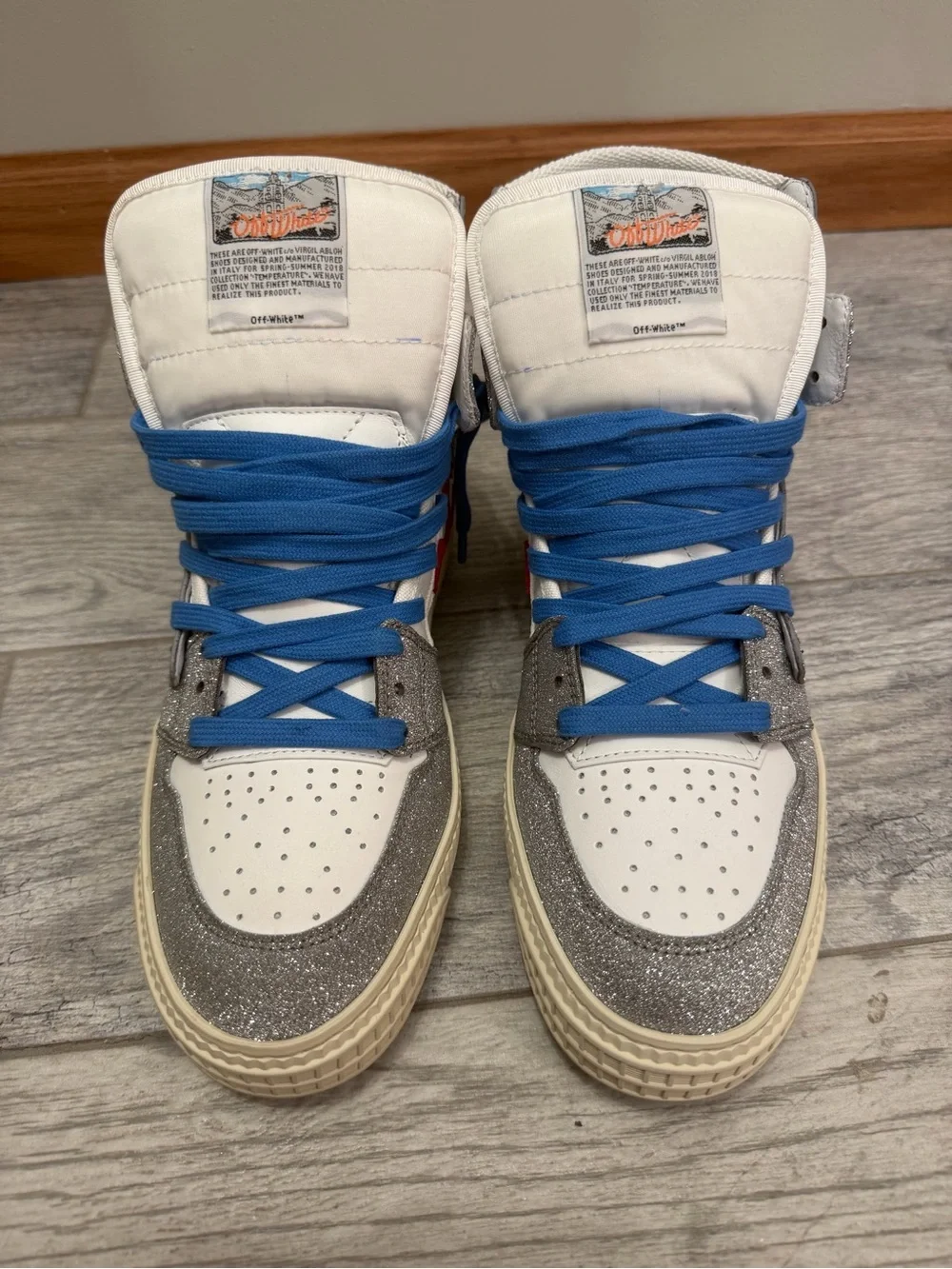Off-White White, Silver & Blue High-Top Sneakers with Red Arrow